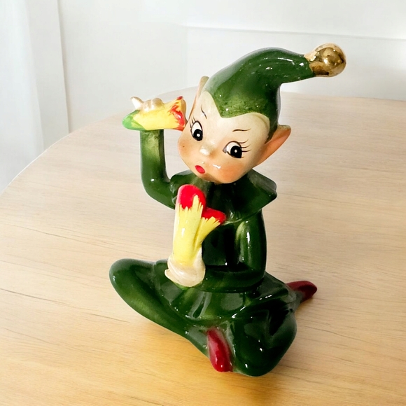 Josef Originals Other - Vintage Josep Original Christmas Green Pixie/Elf Figurine With Flower Telephone
